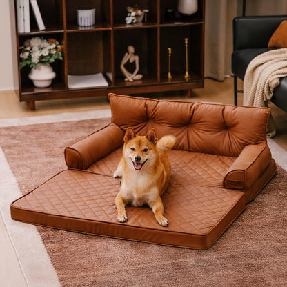 Faux Leather Orthopedic Dog Bed for Large & Extra Large Dogs, Waterproof Foldable Sofa-Style Pet Lounge, Easy-Clean Removable Covers, Indoor & Patio