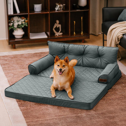 Faux Leather Orthopedic Dog Bed for Large & Extra Large Dogs, Waterproof Foldable Sofa-Style Pet Lounge, Easy-Clean Removable Covers, Indoor & Patio