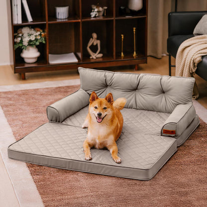 Faux Leather Orthopedic Dog Bed for Large & Extra Large Dogs, Waterproof Foldable Sofa-Style Pet Lounge, Easy-Clean Removable Covers, Indoor & Patio