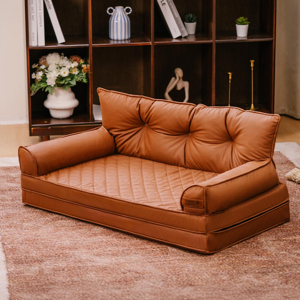 Faux Leather Orthopedic Dog Bed for Large & Extra Large Dogs, Waterproof Foldable Sofa-Style Pet Lounge, Easy-Clean Removable Covers, Indoor & Patio