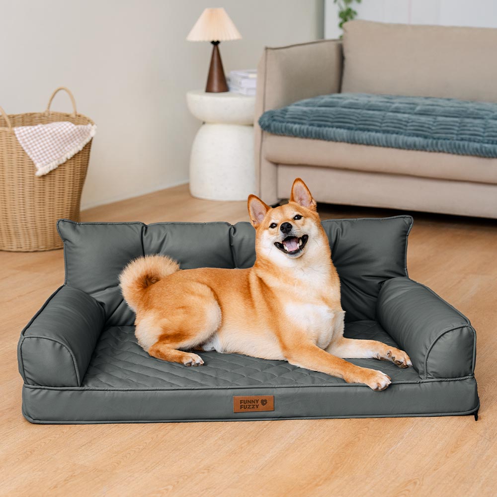 Faux Leather Orthopedic Dog Bed for Large & Extra Large Dogs, Waterproof Foldable Sofa-Style Pet Lounge, Easy-Clean Removable Covers, Indoor & Patio