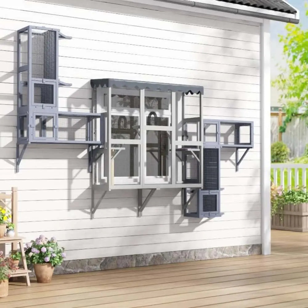 Weatherproof Wooden Outdoor Window Cat Catio with Rainproof Cover, Spacious Enclosure for Safe Fresh-Air Lounging, for Patios, Gardens & Balconies