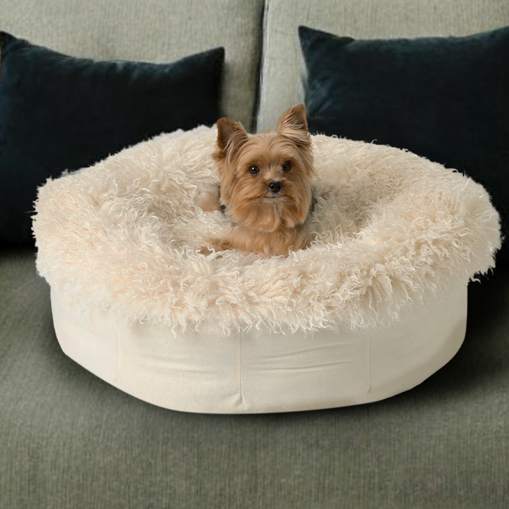 Luxe Faux Fur Donut Pet Bed for Cats & Small Dogs, Calming Plush Round Cuddler with Removable Washable Cover, for Snuggling, Bedrooms & Living Rooms