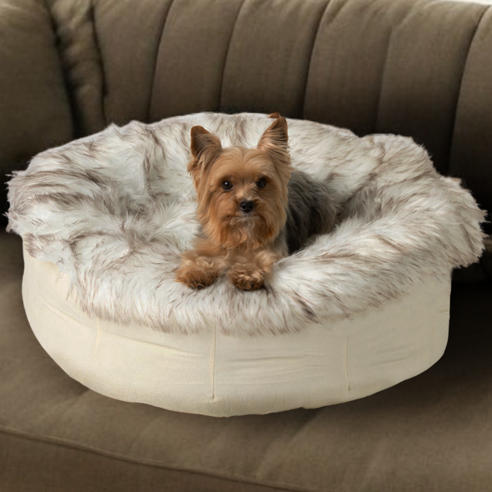 Calming Faux Fur Donut Pet Bed for Small Dogs & Cats, Anti-Anxiety Round Cuddler with Removable Washable Cover, Plush Bed for Sleeping & Napping