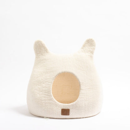 White Felted Wool Cat Cave for Indoor Cats & Kittens, Handcrafted Peekaboo Hideout Bed for Small & Large Cats, for Napping, Hiding & Minimalist Homes