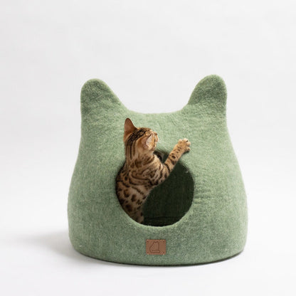 Green Felted Wool Cat Cave for Indoor Cats & Kittens, Handcrafted Peekaboo Hideout Bed for Small & Large Cats, for Napping, Hiding & Cozy Rest