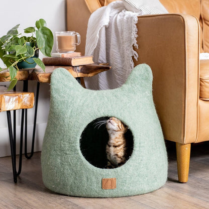 Green Felted Wool Cat Cave for Indoor Cats & Kittens, Handcrafted Peekaboo Hideout Bed for Small & Large Cats, for Napping, Hiding & Cozy Rest