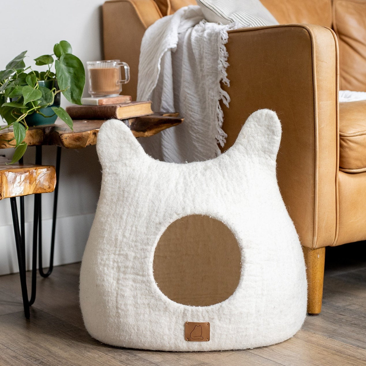 White Felted Wool Cat Cave for Indoor Cats & Kittens, Handcrafted Peekaboo Hideout Bed for Small & Large Cats, for Napping, Hiding & Minimalist Homes