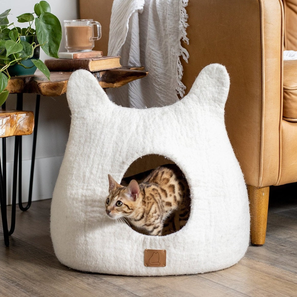 White Felted Wool Cat Cave for Indoor Cats & Kittens, Handcrafted Peekaboo Hideout Bed for Small & Large Cats, for Napping, Hiding & Minimalist Homes