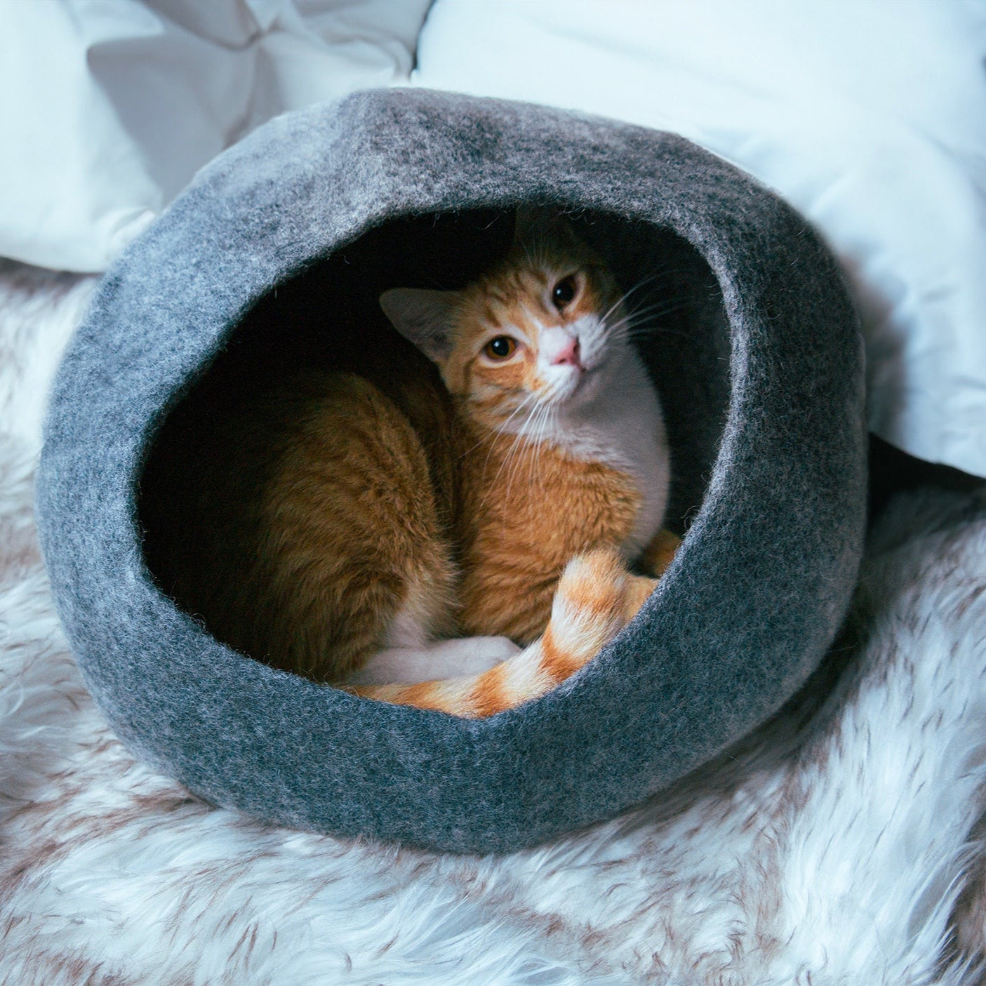 Graphite Ombre Wool Cat Cave for Indoor Cats, Hand-Felted Merino Wool Hideaway Bed, Cozy Enclosed Pet Cave for Napping, Hiding & Quiet Retreats