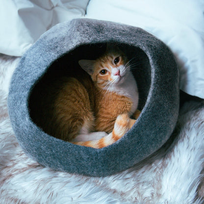 Graphite Ombre Wool Cat Cave for Indoor Cats, Hand-Felted Merino Wool Hideaway Bed, Cozy Enclosed Pet Cave for Napping, Hiding & Quiet Retreats