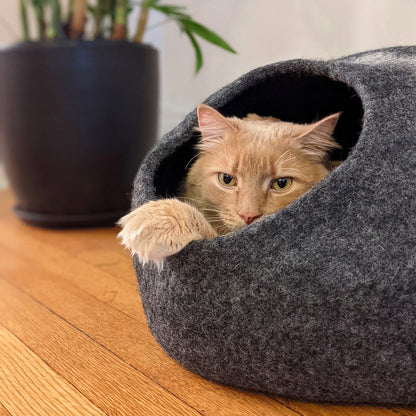 Striped Wool Felt Cat Cave for Indoor Cats & Kittens, Modern Secure Hideout Bed for Hiding & Napping, for Living Rooms, Bedrooms & Minimalist Homes