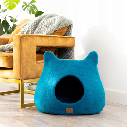 Blue Felted Wool Cat Cave for Indoor Cats & Kittens, Handmade Peekaboo Hideaway Bed for Small & Large Cats, for Napping, Hiding & Modern Home Decor
