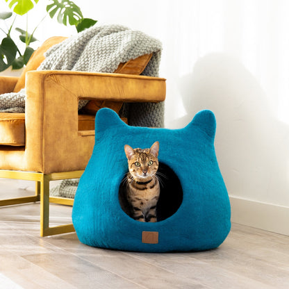 Blue Felted Wool Cat Cave for Indoor Cats & Kittens, Handmade Peekaboo Hideaway Bed for Small & Large Cats, for Napping, Hiding & Modern Home Decor