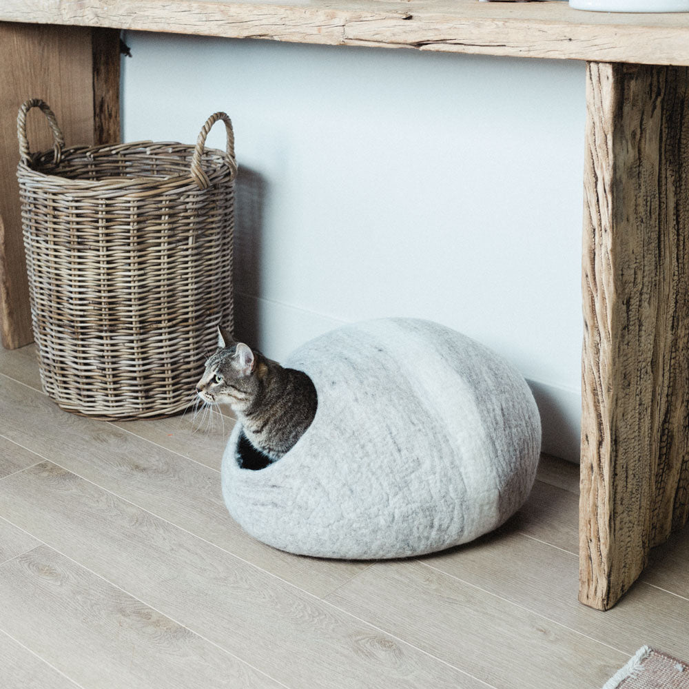 Striped Wool Felt Cat Cave for Indoor Cats & Kittens, Modern Secure Hideout Bed for Hiding & Napping, for Living Rooms, Bedrooms & Minimalist Homes