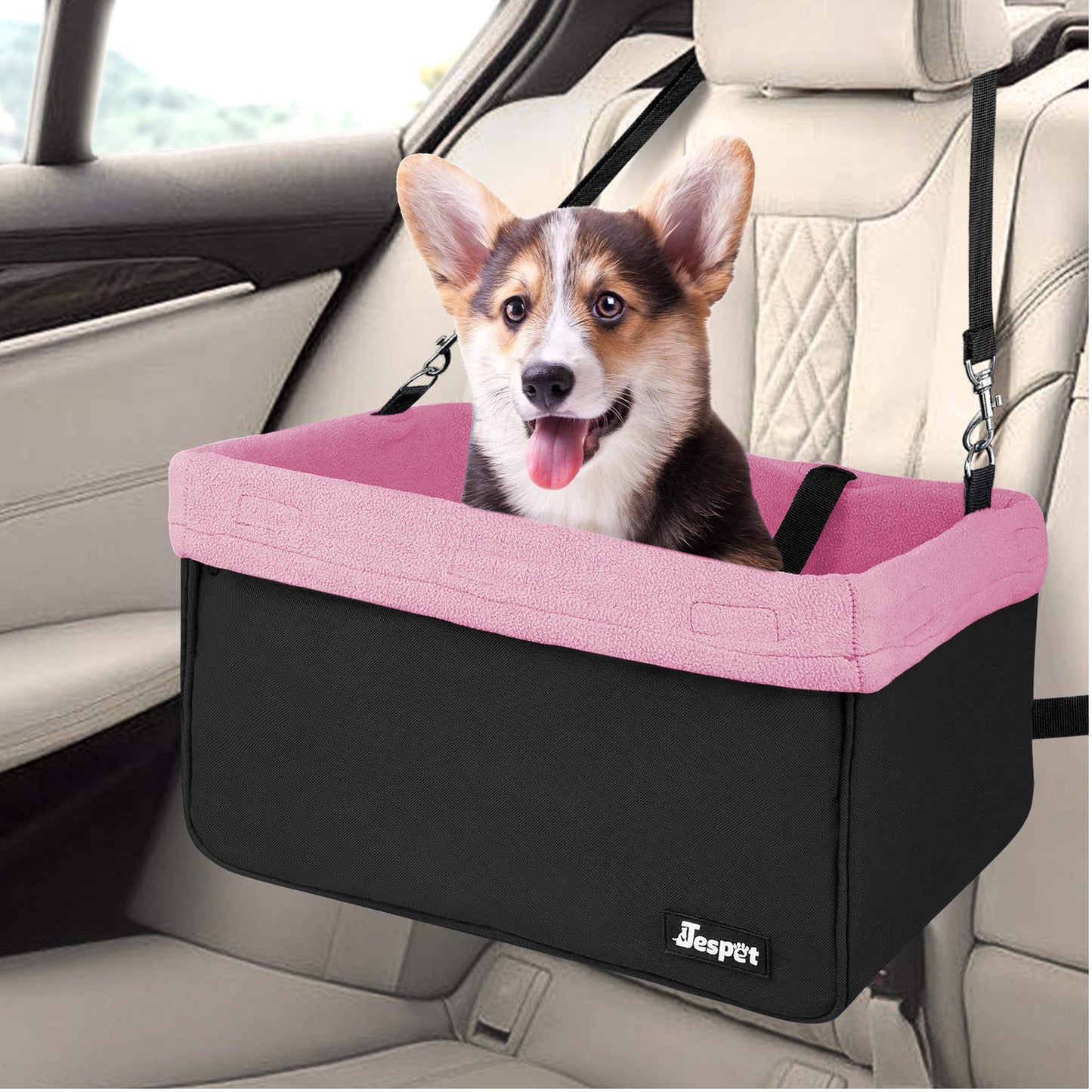 Portable Dog Car Seat for Small Dogs, Cats & Puppies up to 24 lbs, Booster Pet Seat with Adjustable Seat Belt Tether & Machine Washable Plush Liner
