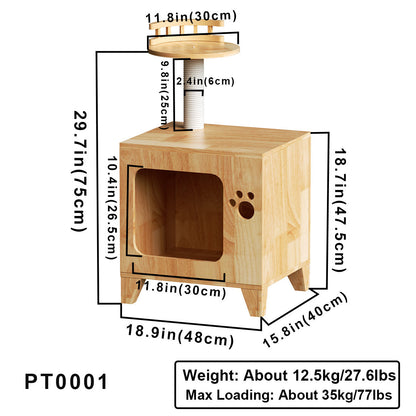 Modern Cat House Side Table for Indoor Cats, Wood Cat Condo Furniture with Scratching Posts & Hanging Toys, for Living Rooms, Bedrooms & Small Spaces