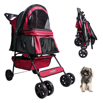 Lightweight Cat & Small Dog Stroller, Foldable 4 Wheel Pet Travel Buggy with Ventilated Mesh Screens, Swivel Front Wheels, Cup Holders & Storage Tray