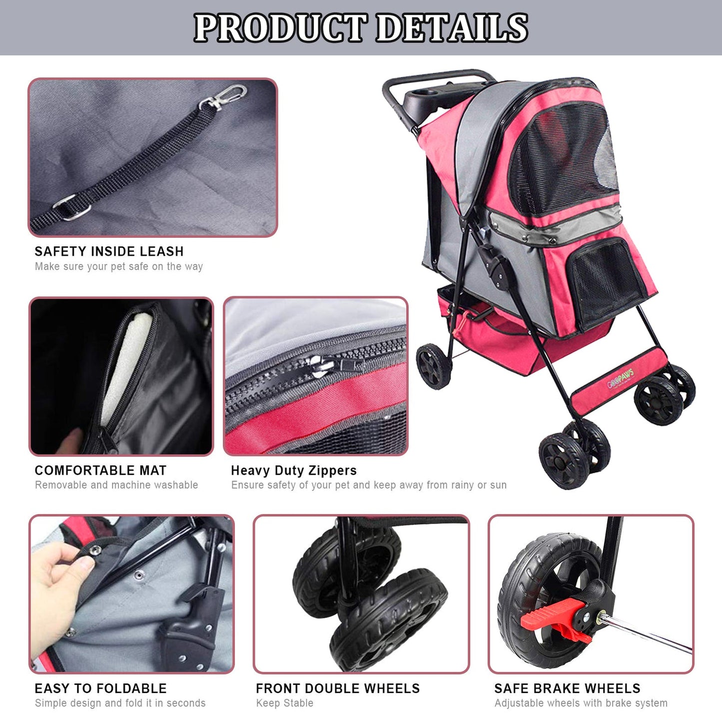 Lightweight Cat & Small Dog Stroller, Foldable 4 Wheel Pet Travel Buggy with Ventilated Mesh Screens, Swivel Front Wheels, Cup Holders & Storage Tray