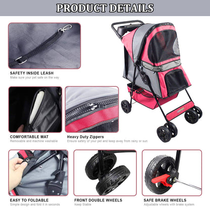 Lightweight Cat & Small Dog Stroller, Foldable 4 Wheel Pet Travel Buggy with Ventilated Mesh Screens, Swivel Front Wheels, Cup Holders & Storage Tray