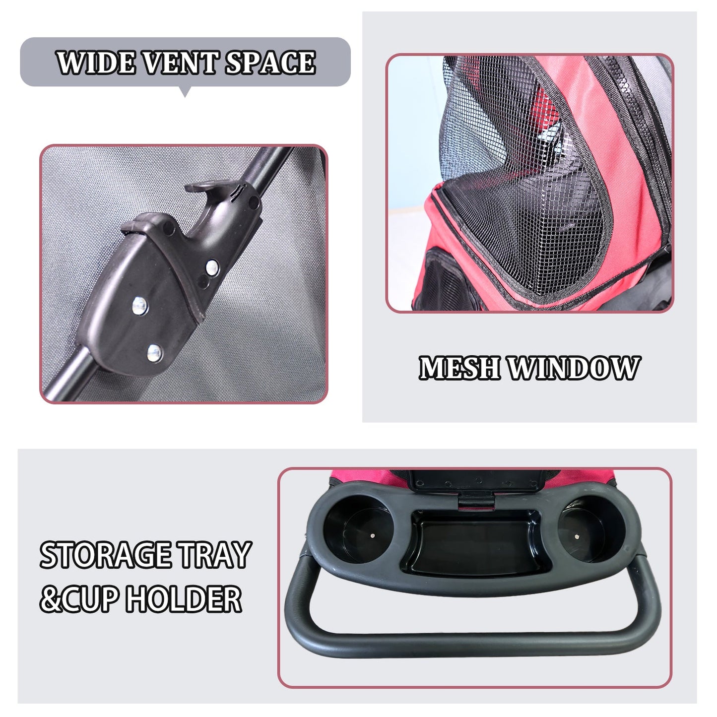 Lightweight Cat & Small Dog Stroller, Foldable 4 Wheel Pet Travel Buggy with Ventilated Mesh Screens, Swivel Front Wheels, Cup Holders & Storage Tray