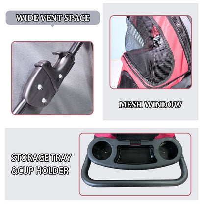 Lightweight Cat & Small Dog Stroller, Foldable 4 Wheel Pet Travel Buggy with Ventilated Mesh Screens, Swivel Front Wheels, Cup Holders & Storage Tray