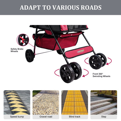 Lightweight Cat & Small Dog Stroller, Foldable 4 Wheel Pet Travel Buggy with Ventilated Mesh Screens, Swivel Front Wheels, Cup Holders & Storage Tray