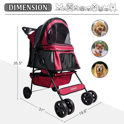 Lightweight Cat & Small Dog Stroller, Foldable 4 Wheel Pet Travel Buggy with Ventilated Mesh Screens, Swivel Front Wheels, Cup Holders & Storage Tray