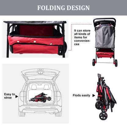 Lightweight Cat & Small Dog Stroller, Foldable 4 Wheel Pet Travel Buggy with Ventilated Mesh Screens, Swivel Front Wheels, Cup Holders & Storage Tray