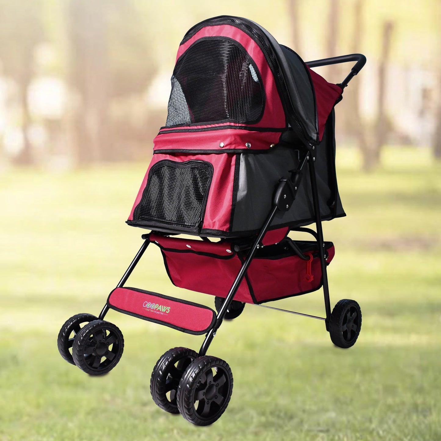 Lightweight Cat & Small Dog Stroller, Foldable 4 Wheel Pet Travel Buggy with Ventilated Mesh Screens, Swivel Front Wheels, Cup Holders & Storage Tray