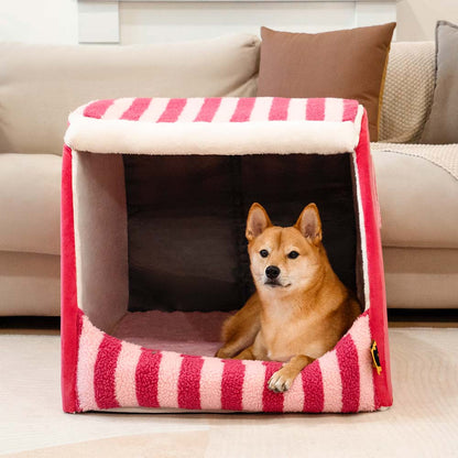 Striped Dog House Bed for Small & Medium Dogs, Covered Plush Pet Hideaway with Foam Support, Washable Covers, Non-Slip, for Cats, Bedrooms & Corners