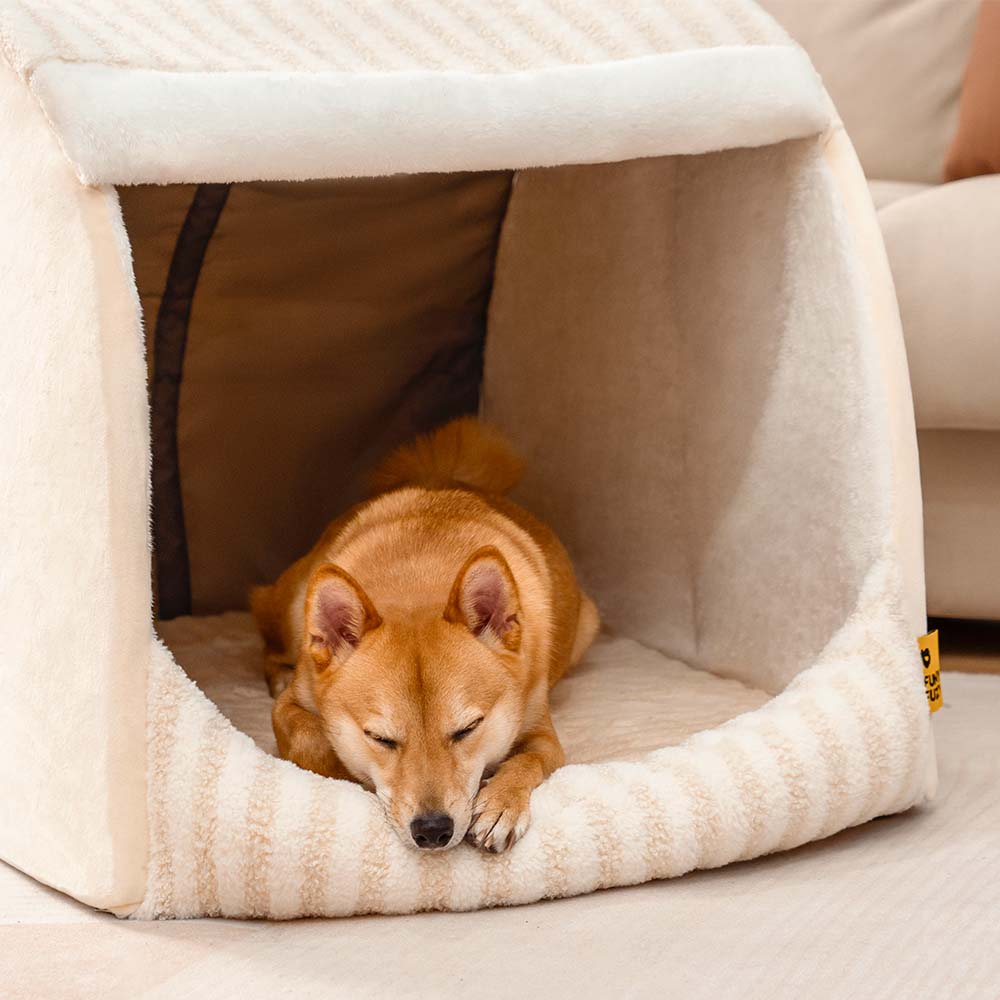 Striped Dog House Bed for Small & Medium Dogs, Covered Plush Pet Hideaway with Foam Support, Washable Covers, Non-Slip, for Cats, Bedrooms & Corners