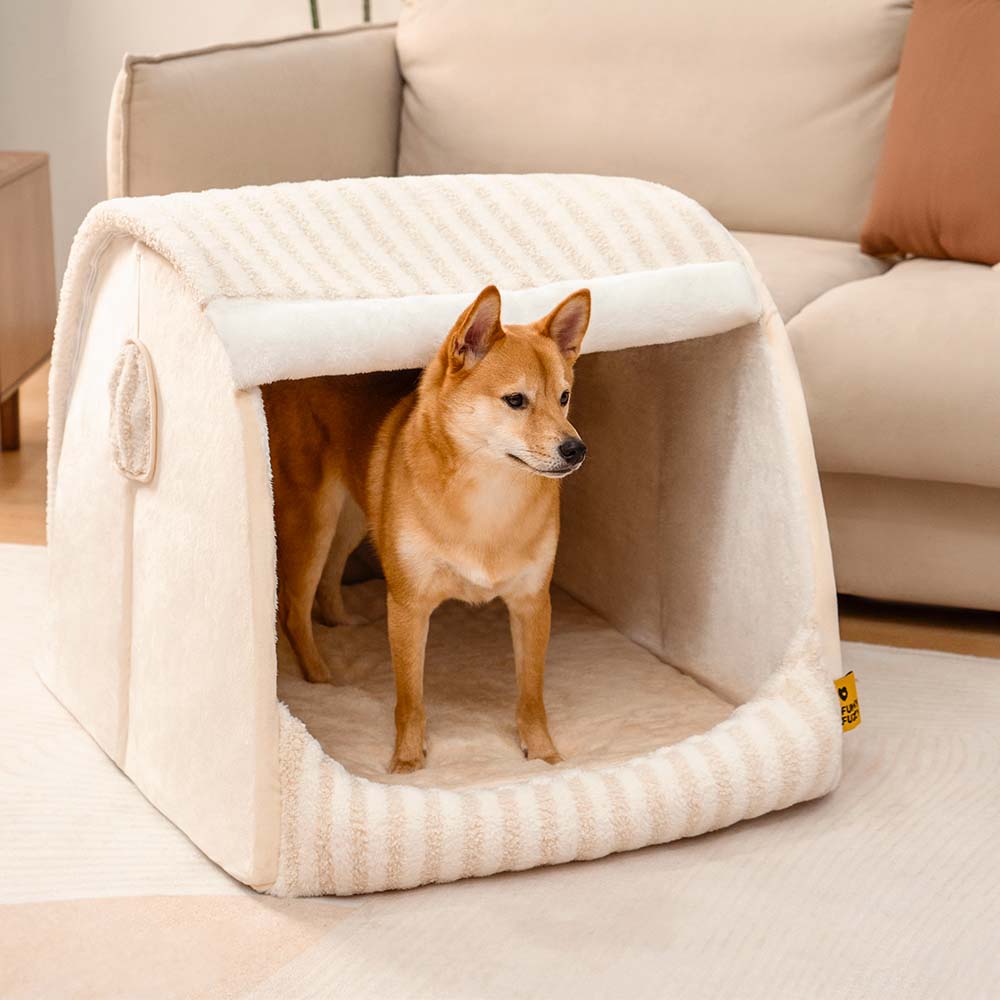 Striped Dog House Bed for Small & Medium Dogs, Covered Plush Pet Hideaway with Foam Support, Washable Covers, Non-Slip, for Cats, Bedrooms & Corners
