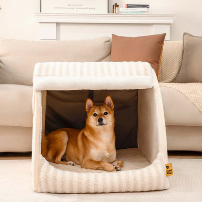 Striped Dog House Bed for Small & Medium Dogs, Covered Plush Pet Hideaway with Foam Support, Washable Covers, Non-Slip, for Cats, Bedrooms & Corners