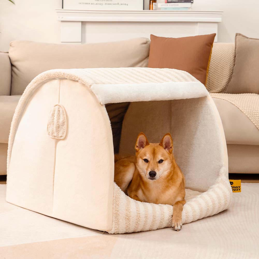 Striped Dog House Bed for Small & Medium Dogs, Covered Plush Pet Hideaway with Foam Support, Washable Covers, Non-Slip, for Cats, Bedrooms & Corners