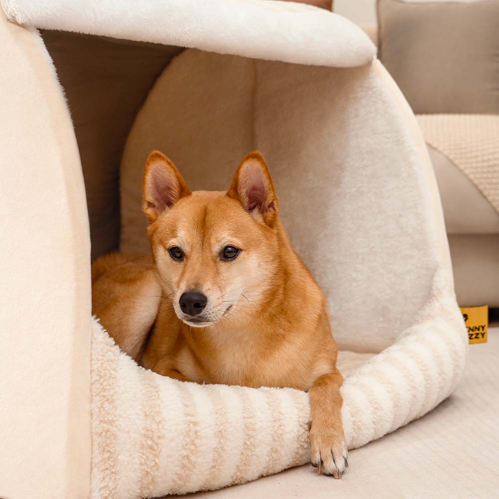 Striped Dog House Bed for Small & Medium Dogs, Covered Plush Pet Hideaway with Foam Support, Washable Covers, Non-Slip, for Cats, Bedrooms & Corners