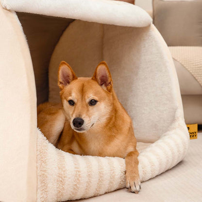 Striped Dog House Bed for Small & Medium Dogs, Covered Plush Pet Hideaway with Foam Support, Washable Covers, Non-Slip, for Cats, Bedrooms & Corners