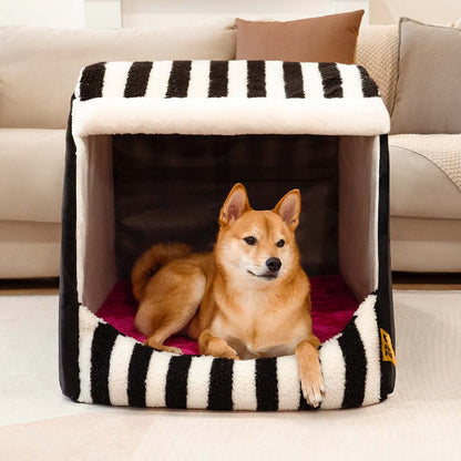 Striped Dog House Bed for Small & Medium Dogs, Covered Plush Pet Hideaway with Foam Support, Washable Covers, Non-Slip, for Cats, Bedrooms & Corners
