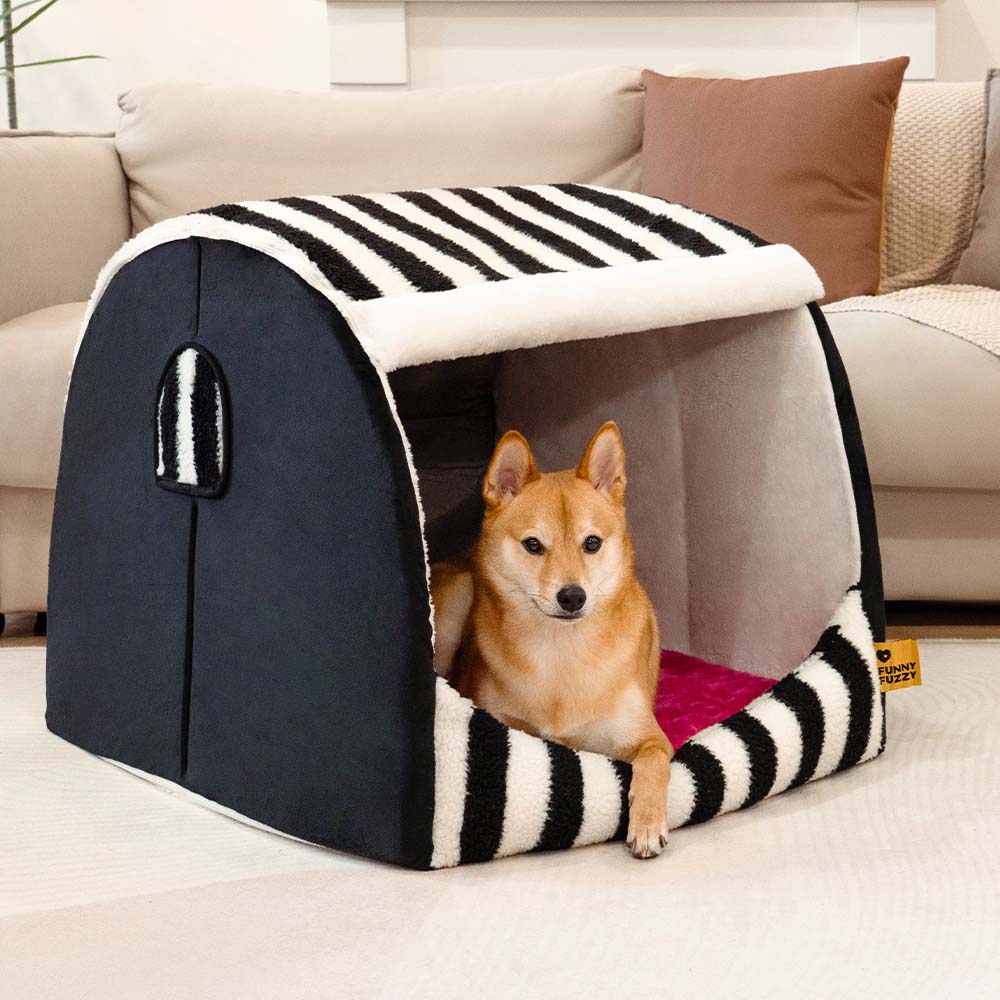 Striped Dog House Bed for Small & Medium Dogs, Covered Plush Pet Hideaway with Foam Support, Washable Covers, Non-Slip, for Cats, Bedrooms & Corners