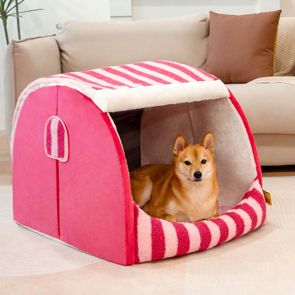 Striped Dog House Bed for Small & Medium Dogs, Covered Plush Pet Hideaway with Foam Support, Washable Covers, Non-Slip, for Cats, Bedrooms & Corners