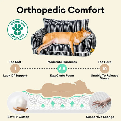Striped Bolster Dog Sofa Bed for Small, Medium & Large Dogs, Egg Crate Foam Pet Couch Bed with Washable Cover, Non-Slip, for Cats, Naps & Living Rooms