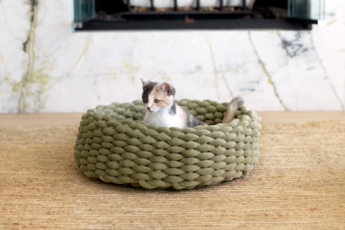 Plush Velvet Cat Bed for Indoor Cats & Kittens, Soft Knotted Weave Calming Pet Bed with Adjustable Shape, for Sleeping, Lounging & Cozy Corners