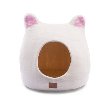 Handmade Felted Wool Cat Cave with Accent Ears for Indoor Cats & Kittens, Two-Tone Peekaboo Hideaway Bed for Napping, Hiding & Modern Home Decor