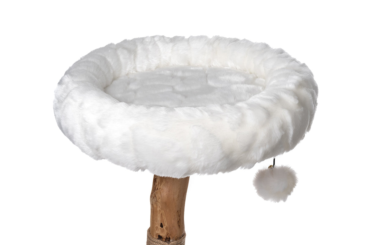 Bolstered Cat Tree Perch Bed for Cats Under 15 Lbs, Round Replacement Perch Cushion with Raised Sides & Pom-Pom Toy, Easy Screw-On Installation