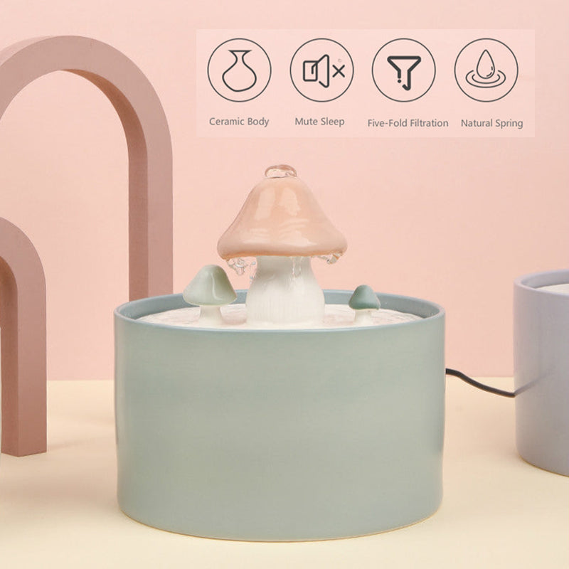 Mushroom Ceramic Cat Water Fountain, Quiet Automatic Pet Drinking Fountain with Five-Layer Filtration & USB Pump, for Cats, Kittens & Puppies