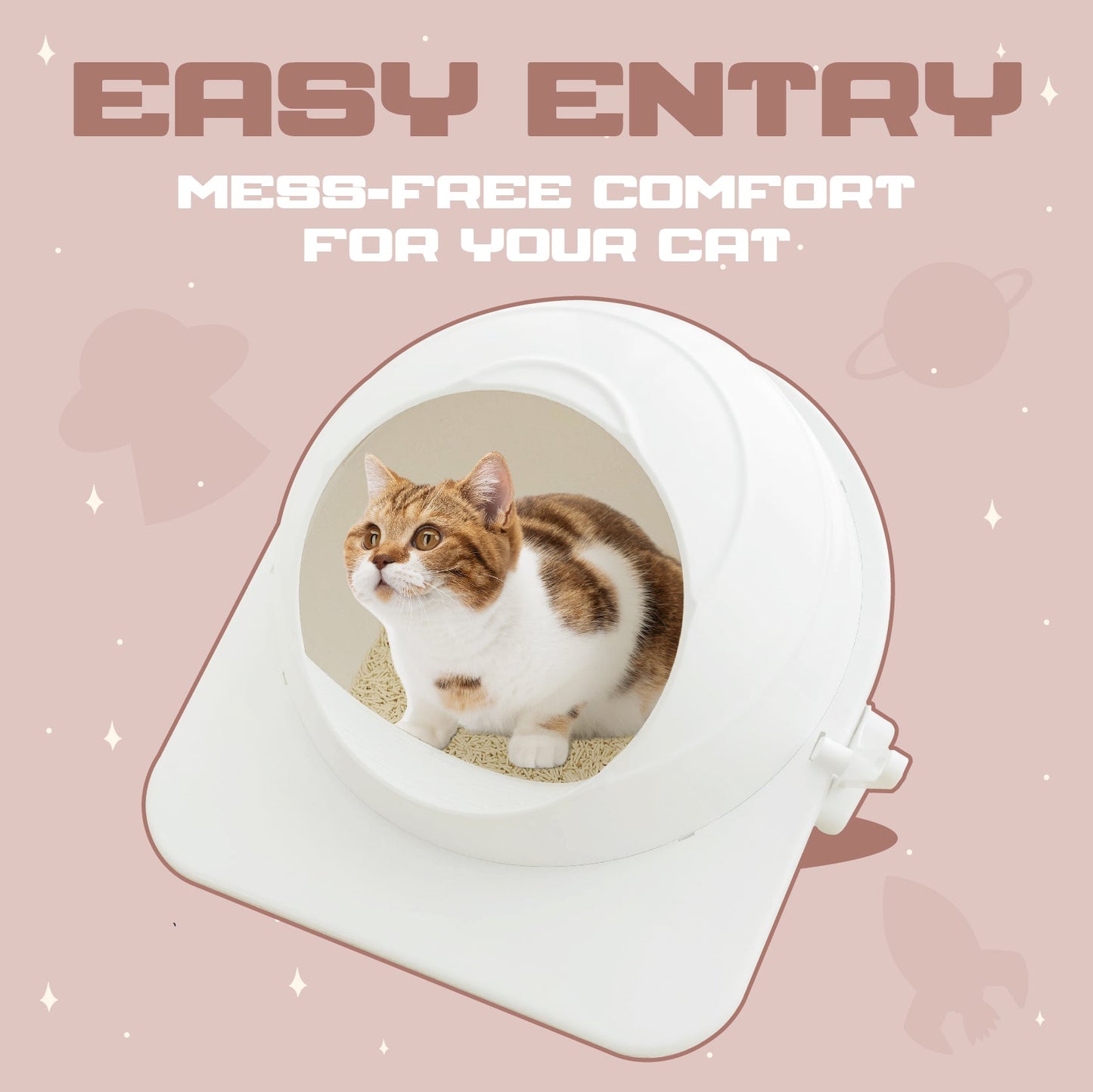 Semi-Enclosed Space Capsule Cat Litter Box for Indoor Cats, High-Sided Anti-Scatter Litter Pan with Exit Ramp & Scoop, Easy Clean for Small Spaces