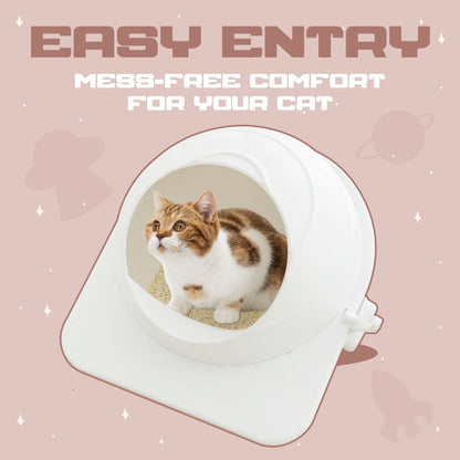 Semi-Enclosed Space Capsule Cat Litter Box for Indoor Cats, High-Sided Anti-Scatter Litter Pan with Exit Ramp & Scoop, Easy Clean for Small Spaces