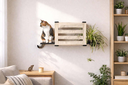 Deluxe Wall-Mounted Cat Cubby Bed for Indoor Cats, Covered Hideaway with Perch & Planter or Feeder Option, Cat Wall Furniture for Privacy & Lounging