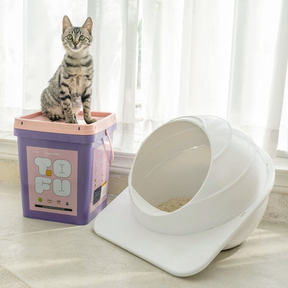 Semi-Enclosed Space Capsule Cat Litter Box for Indoor Cats, High-Sided Anti-Scatter Litter Pan with Exit Ramp & Scoop, Easy Clean for Small Spaces