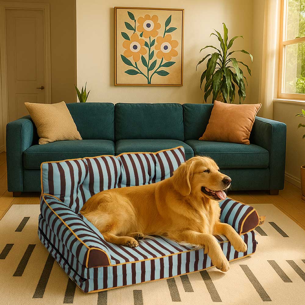 Striped Water-Repellent Dog Sofa Bed for Medium & Large Dogs, Foldable Bolster Pet Couch for Crates, Naps & Living Rooms, Soft Supportive Cushion
